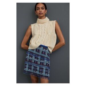 NWT Anthropologie Maeve Beaded Fringe Mini Skirt in Blue Motif  Size 6